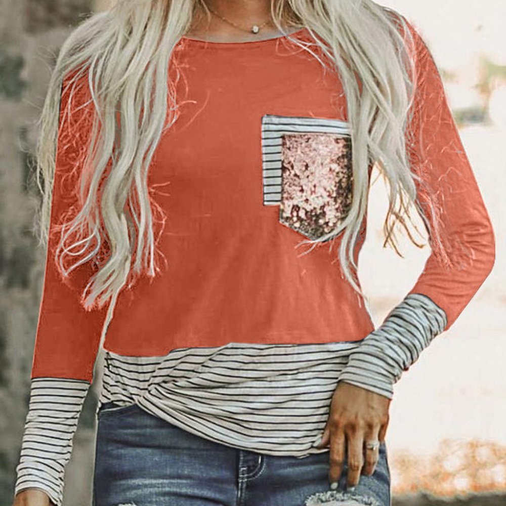 Orange Striped Sequin Pocket Shirt